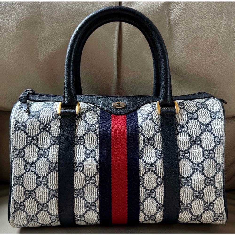 Authentic Vintage Gucci Boston Web Sherry Line Monogram Canvas Black Leather Bag